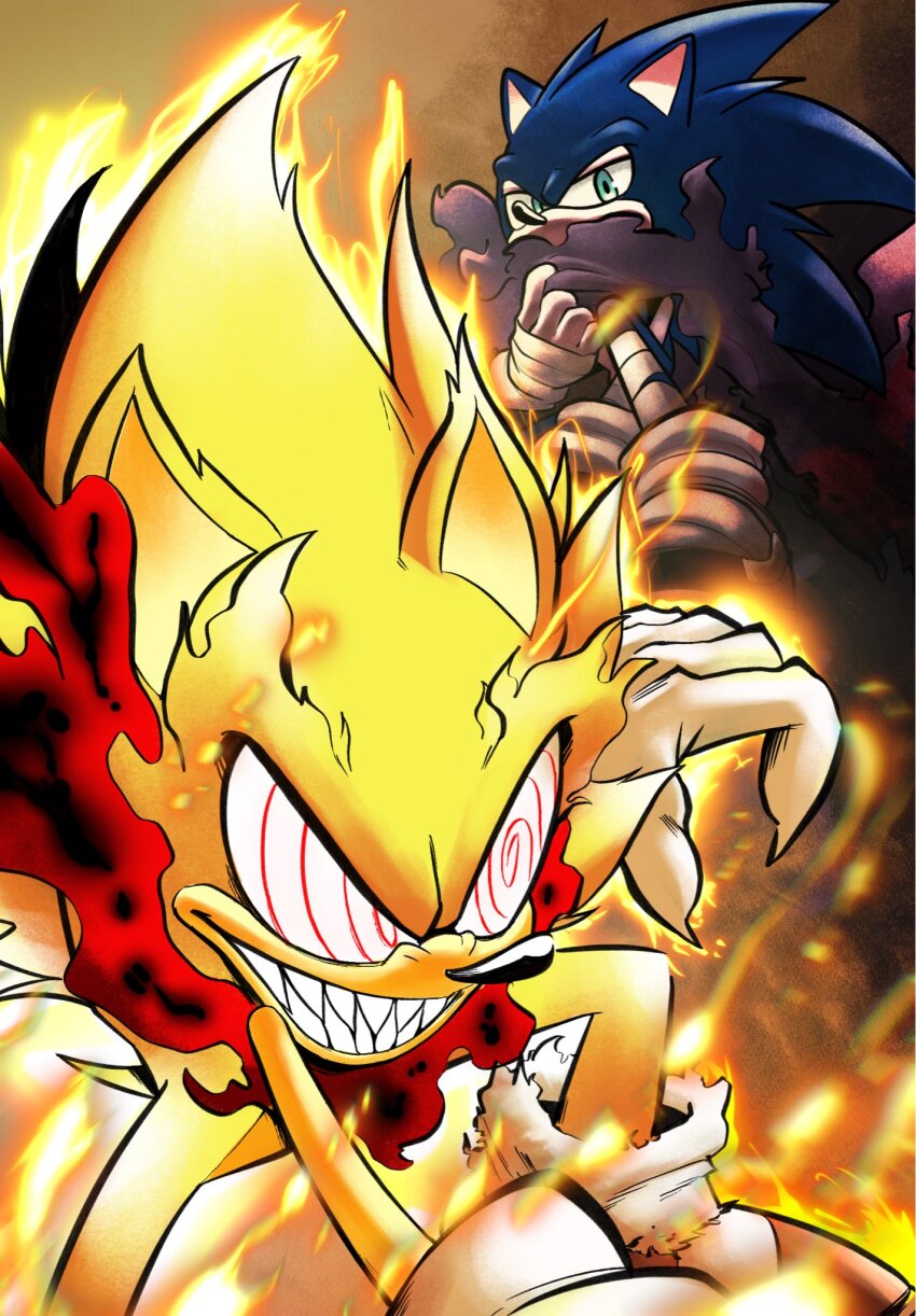 2boys claws fighting fleetway_super_sonic gloves green_eyes highres im_lazy_sheck_lol looking_down multiple_boys penance_(sonic.exe) sharp_teeth smile sonic.exe sonic:_execution_(comic) sonic_(series) sonic_the_comic sonic_the_hedgehog super_sonic teeth white_gloves