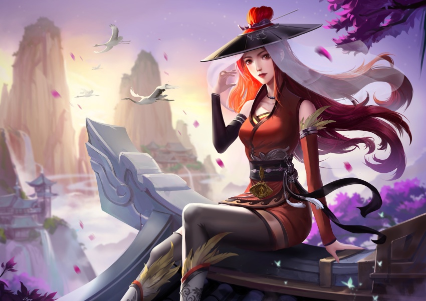 1girl absurdres asymmetrical_sleeves bi_ting_(xia_lan) bird blurry blurry_background building dress feathers highres mountain petals red_dress red_eyes red_hair sky swan water waterfall xia_lan xia_lan_bi_ting_chao_hua