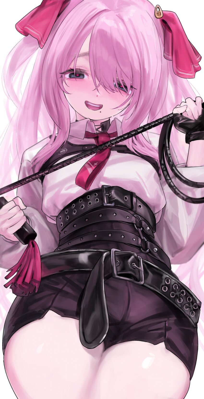 1girl absurdres belt black_gloves blush breasts gloves goddess_of_victory:_nikke hair_ribbon heart heart-shaped_pupils highres holding holding_whip kt_615 long_hair looking_at_viewer mole mole_under_mouth open_mouth pear-shaped_figure pink_hair ribbon shirt shorts symbol-shaped_pupils thighs twintails whip white_shirt yuni_(nikke)