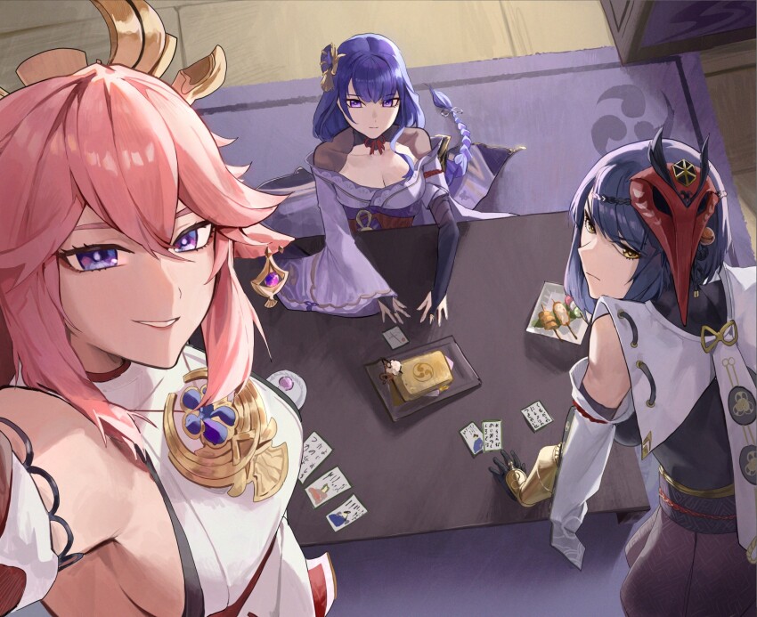 animal_ears bird_mask black_bodysuit bodysuit breasts card fan_hair_ornament floppy_ears flower food fox_ears genshin_impact gloves hair_ornament highres japanese_clothes kimono kujou_sara large_breasts long_braid long_hair low-tied_long_hair mask mask_on_head multiple_girls nontraditional_miko pink_hair playing_card purple_eyes purple_flower purple_hair purple_kimono purple_nails raiden_shogun red_mask short_hair tarot tarot_card tengu yae_miko yellow_eyes yukii91218