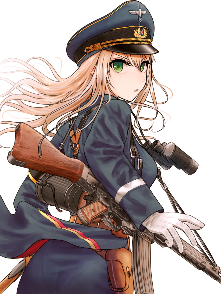 1girl assault_rifle bad_id bad_pixiv_id binoculars blonde_hair commentary girls&#039;_frontline gloves green_eyes gun hat highres long_hair military_hat pantylines peaked_cap rifle stg44 stg44_(girls&#039;_frontline) turisasu weapon white_background white_gloves