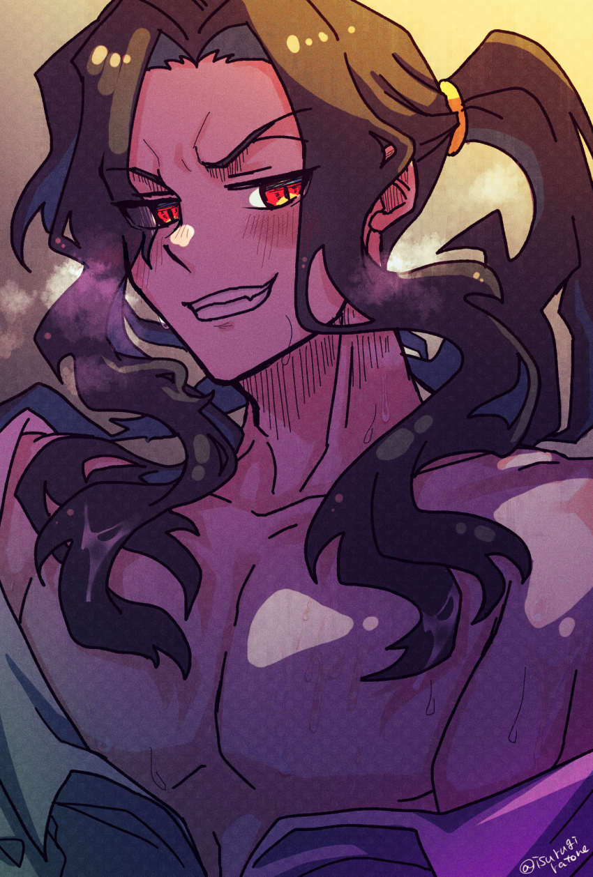 1boy black_hair blush collared_shirt evil_grin evil_smile grin highres isurugiratone long_hair looking_at_viewer male_focus michael_roa_valdamjong open_clothes open_shirt pectorals ponytail red_eyes shirt smile steam sweat sweatdrop tsukihime undressing