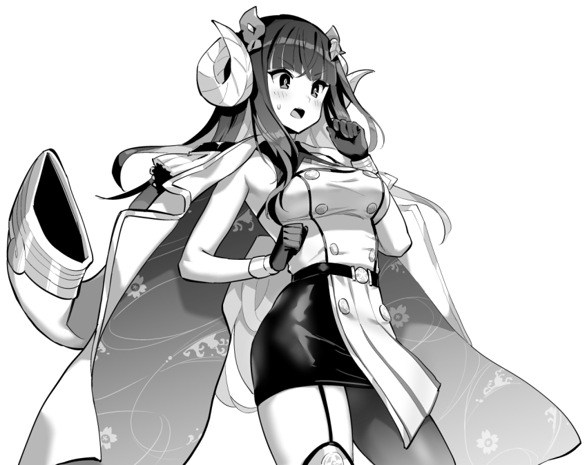 1girl asymmetrical_legwear azur_lane belt blunt_bangs blush breasts garter_straps gloves greyscale hori_(hori_no_su) horns large_breasts long_hair looking_away monochrome open_mouth pencil_skirt single_leg_pantyhose single_thighhigh skirt solo suruga_(azur_lane) sweatdrop thighhighs