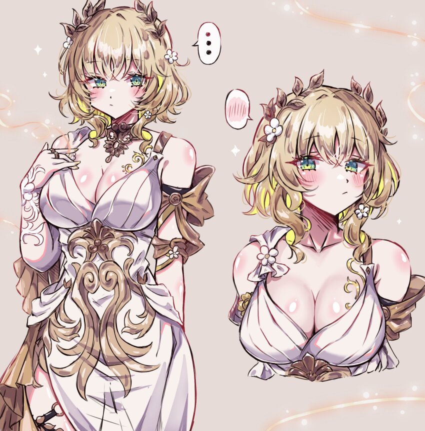 ... 1girl aglaea_(honkai:_star_rail) ancient_greek_clothes bare_shoulders blonde_hair blush breasts cleavage commentary cropped_torso dress greco-roman_clothes green_eyes grey_background highres honkai:_star_rail honkai_(series) large_breasts laurel_crown multiple_views short_hair spoken_blush spoken_ellipsis usa_(usagi_minku) white_dress
