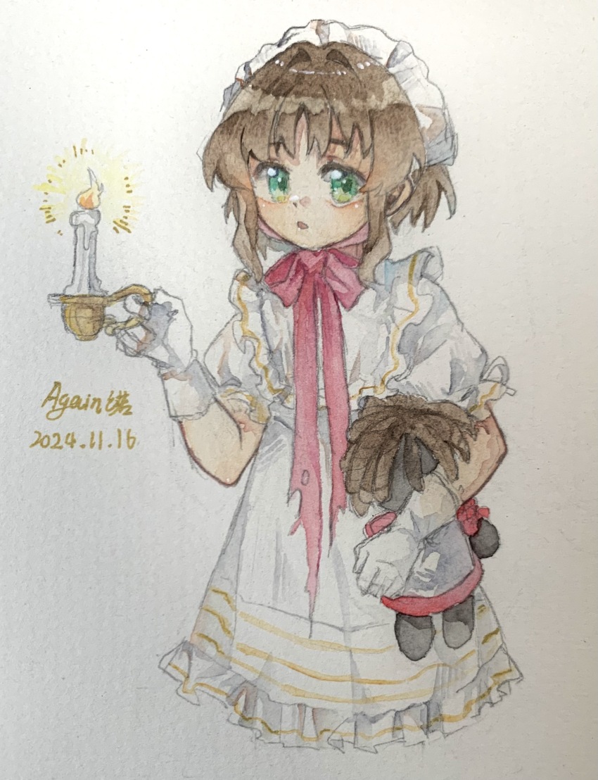 1girl :o absurdres again_nuo artist_name bow bowtie brown_hair candle candlelight carrying carrying_under_arm chin_strap cowboy_shot dated doll dress eagle_(reverse:1999) fire frilled_hairband frills gloves green_eyes hairband highres holding holding_candle holding_doll looking_at_viewer official_alternate_costume painting_(medium) puffy_short_sleeves puffy_sleeves red_bow red_bowtie reverse:1999 short_sleeves signature solo traditional_media watercolor_(medium) white_dress white_gloves white_hairband
