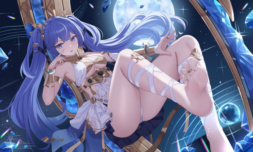 1girl absurdres ahoge ancient_greek_clothes armlet bare_shoulders barefoot black_skirt blue_eyes blue_hair breasts cleavage commentary feet full_moon gold_bra greco-roman_clothes highres iuno_(wuthering_waves) jewelry laurel_crown leg_wrap long_hair looking_at_viewer medium_breasts mirufuaa moon multicolored_hair orb parted_lips skirt soles solo streaked_hair thighs toe_ring toes twintails vambraces wuthering_waves