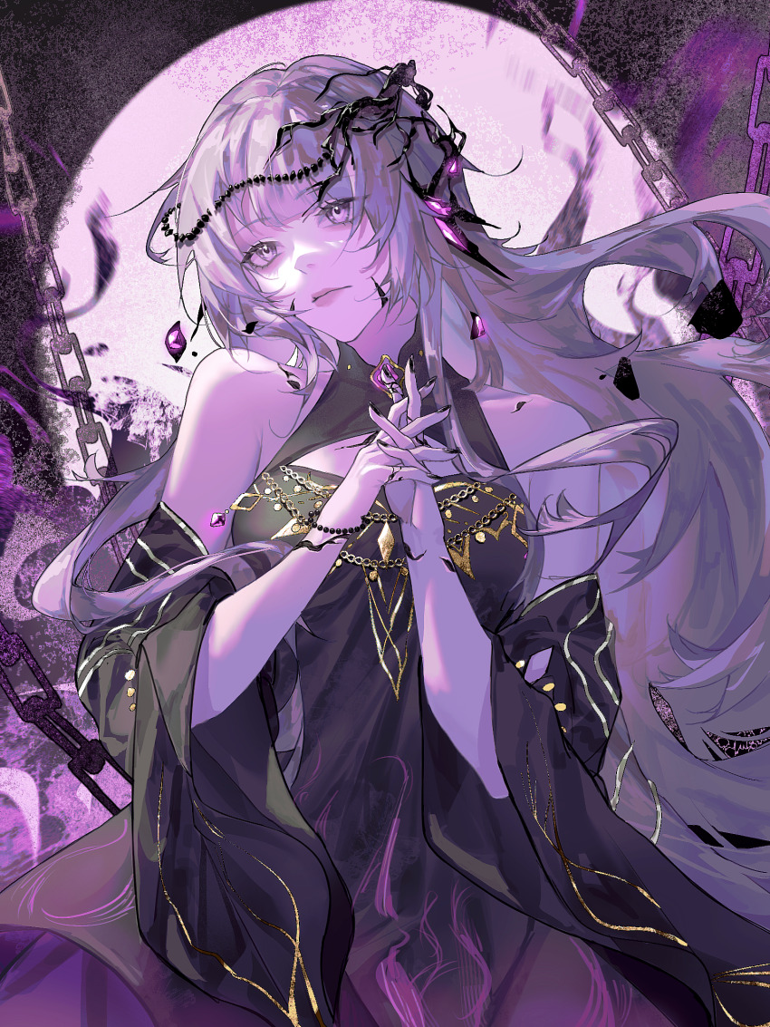 1girl bare_shoulders black_dress black_nails black_sleeves chain chinese_commentary cleavage_cutout clothing_cutout commentary_request cracked_face cracked_skin detached_sleeves dress expressionless floating_hair full_moon gold_trim hella_(path_to_nowhere) highres interlocked_fingers long_hair material_growth moon necresta_hella_(path_to_nowhere) own_hands_together path_to_nowhere pink_eyes sleeveless sleeveless_dress solo upper_body very_long_hair wanggui white_hair wide_sleeves