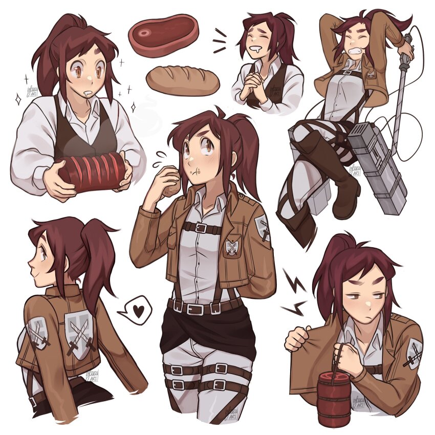 1girl :/ black_vest bread breasts brown_eyes brown_hair brown_jacket clenched_teeth commentary drooling eating emblem english_commentary food gluca highres holding holding_food holding_weapon jacket meat own_hands_clasped own_hands_together paradis_military_uniform ponytail sasha_blouse shingeki_no_kyojin shirt sidelocks signature small_breasts smile sparkle teeth thigh_strap three-dimensional_maneuver_gear training_corps_(emblem) vest weapon white_shirt