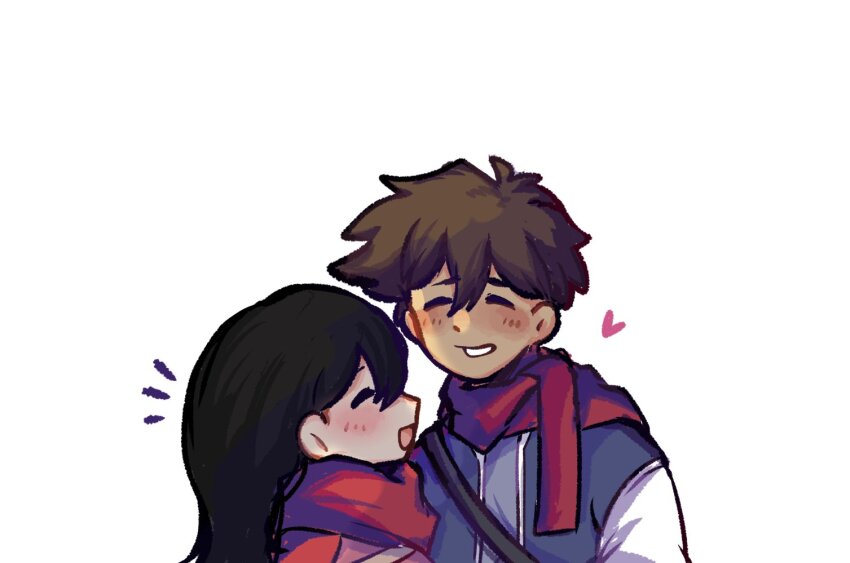 1boy 1girl black_hair blue_jacket brown_hair closed_eyes commentary_request heart height_difference hero_(faraway)_(omori) hero_(omori) hetero jacket long_hair mari_(faraway)_(omori) mari_(omori) ni12345670 omori open_mouth red_scarf scarf smile vietnamese_commentary