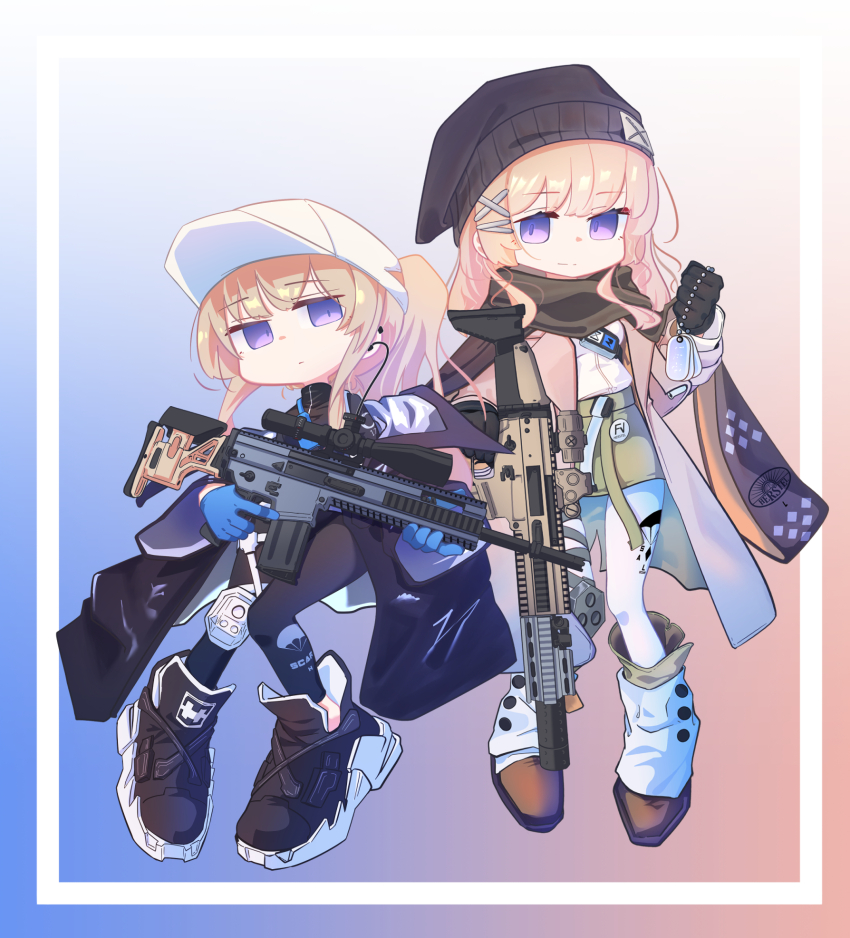 1girl 2girls assault_rifle baseball_cap beanie black_coat black_footwear black_leggings black_scarf black_shirt blonde_hair blue_gloves boots border breasts brown_coat brown_hair character_name chibi clenched_hand cloak closed_mouth coat dog_tags earrings fanny_pack fn_scar fn_scar_16 fn_scar_17 girls&#039;_frontline gloves green_skirt gun hat headphones hexaa highres holding holding_dog_tags holding_weapon jewelry knee_pads leggings long_hair long_sleeves looking_at_viewer medium_breasts multiple_girls off_shoulder optical_sight pantyhose ponytail purple_eyes rifle scar-h_(girls&#039;_frontline) scar-l_(girls&#039;_frontline) scarf scope shirt shirt_tucked_in shoes single_knee_pad skirt smile suppressor trigger_discipline turtleneck two-tone_background weapon white_border white_headwear white_pantyhose white_shirt wide_sleeves