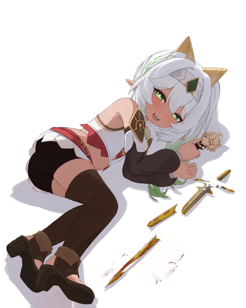 1boy 1girl aether_(genshin_impact) alternate_costume alternate_skin_color ass bare_shoulders blonde_hair blush broken broken_screen broken_weapon cameo character_doll dark_skin detached_sleeves doll genshin_impact gradient_hair green_eyes green_hair hair_ornament half_updo highres long_hair lying miniskirt mockingeu multicolored_hair nahida_(genshin_impact) open_mouth pointy_ears sandals short_shorts shorts side_ponytail skirt smile solo sword thighhighs very_long_hair weapon white_hair