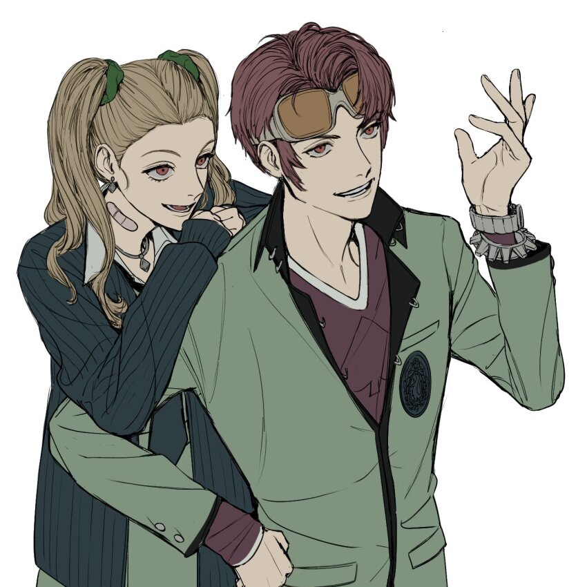 1boy 1girl amikoiiko ayase_yuka bandaid bandaid_on_neck blonde_hair blue_cardigan blue_necktie bracelet breast_pocket cardigan coat_of_arms earrings ermine flat_color gakuran goggles goggles_on_head green_gakuran green_jacket green_skirt hair_ornament highres jacket jewelry leaning_on_person lips long_hair long_sleeves looking_ahead necklace necktie open_clothes open_jacket open_mouth persona persona_1 pocket print_shirt purple_hair school_emblem school_uniform scrunchie shirt short_hair simple_background skirt smile st._hermelin_school_uniform teeth translation_request twintails uesugi_hidehiko undershirt unfinished upper_body watch weasel white_background wristwatch