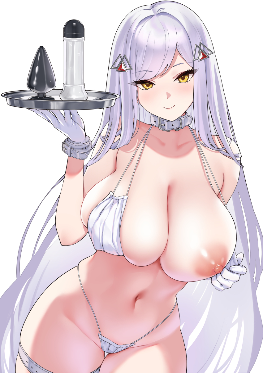 1girl absurdres bare_shoulders bikini bikini_pull black_lilith_(last_origin) breasts buckle butt_plug cleavage closed_mouth clothes_pull collar collarbone commentary_request cowboy_shot gloves hair_ornament hand_up highres holding holding_tray korean_commentary large_breasts last_origin long_hair looking_at_viewer lube mask_bikini navel nipples one_breast_out pulling_own_clothes sex_toy simple_background skindentation smile solo su_(yyas2232) swept_bangs swimsuit thigh_gap thigh_strap tray very_long_hair white_background white_bikini white_collar white_gloves white_hair wide_hips wrist_collar yellow_eyes