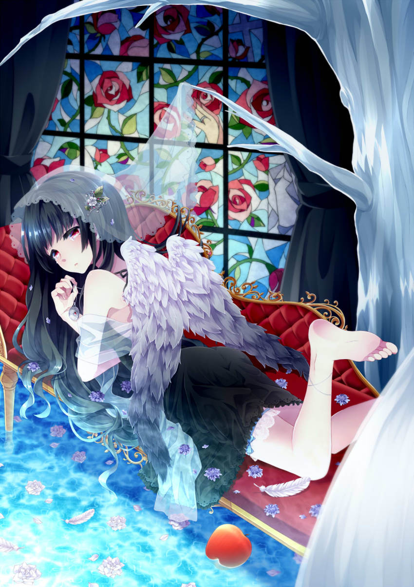 1girl anklet apple bare_shoulders barefoot black_dress black_hair couch curtains dress eyelashes feathered_wings feathers female_focus flower food frilled_thigh_strap from_behind fruit hair_ornament highres jewelry leg_up long_hair looking_back lying necklace on_couch on_stomach original pendant red_eyes red_upholstery shawl sleeveless sleeveless_dress soles solo stained_glass tears the_pose thigh_strap tree tufted_upholstery veil very_long_hair water white_dress window wings yukina_yotsuba