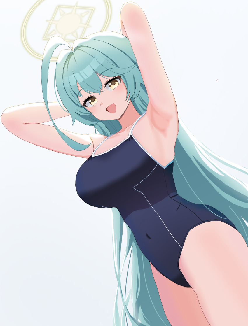 1girl :d absurdres abydos_high_school_swimsuit ahoge alternate_costume aqua_hair armpits arms_up blue_archive blue_one-piece_swimsuit breasts commentary competition_school_swimsuit covered_navel cowboy_shot dot_nose dutch_angle hair_between_eyes halo hands_on_own_head highres huge_ahoge large_breasts long_hair looking_at_viewer one-piece_swimsuit open_mouth ribera school_swimsuit sidelocks simple_background smile solo straight_hair swimsuit thighs very_long_hair white_background yellow_eyes yellow_halo yume_(blue_archive)