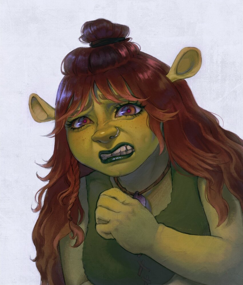 1girl brown_eyes brown_hair colored_skin dummyleech felicia_(shrek) green_shirt green_skin highres jewelry long_hair looking_at_viewer necklace nose_piercing nose_ring ogre piercing portrait shirt shrek_(series) shrek_5 sleeveless sleeveless_shirt solo teeth white_background