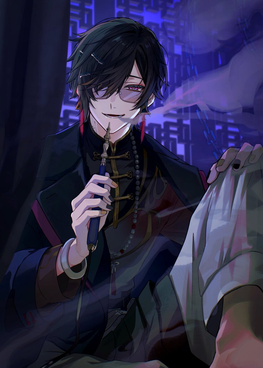 1boy absurdres bead_necklace beads black_coat black_hair black_nails bracelet chain chinese_clothes coat curtains earrings eyeshadow fingernails glasses hair_between_eyes hair_ornament hair_over_one_eye hairclip hashtag-only_commentary highres holding hookah indoors jewelry kashitsuki_(tashikaniaruki) knee_up lapels lattice long_sleeves looking_at_viewer lower_teeth_only makeup male_focus mole mole_on_neck multicolored_nails nail_polish necklace nijisanji official_alternate_costume one_eye_covered open_clothes open_coat open_mouth pants parted_bangs purple-tinted_eyewear purple_eyes red_eyeshadow shikinagi_akira shikinagi_akira_(3rd_costume) short_hair sitting smile smoke smoking solo tangzhuang tassel tassel_earrings teeth tinted_eyewear virtual_youtuber white_pants yellow_nails