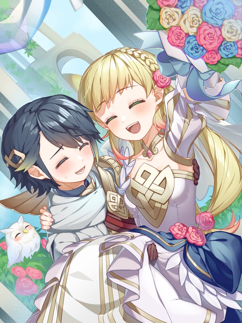1boy 2girls alfonse_(fire_emblem) bird blonde_hair blue_hair bouquet braid carrying closed_eyes crown_braid dark_blue_hair feh_(fire_emblem_heroes) fire_emblem fire_emblem_heroes flower gradient_hair highres holding holding_bouquet multicolored_hair multiple_girls nintendo owl pink_hair princess_carry sharena_(bride)_(fire_emblem) sharena_(fire_emblem) tsukimidango
