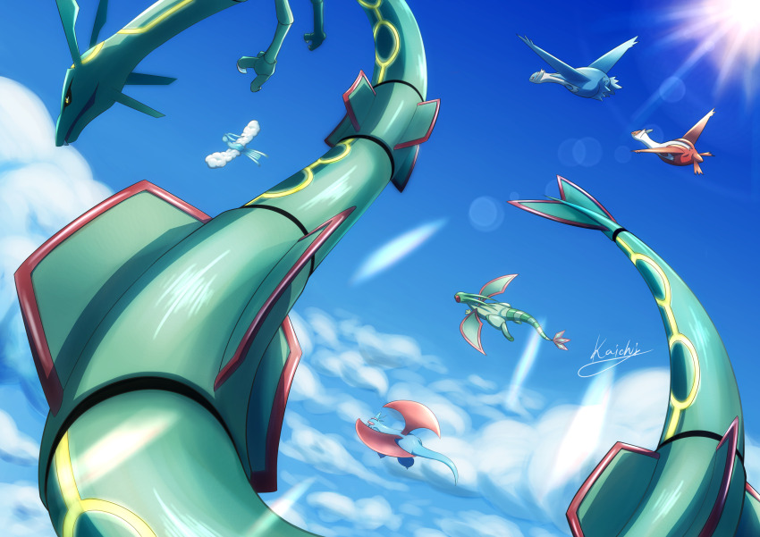 absurdres altaria animal_focus bird black_sclera blue_sky closed_mouth cloud colored_sclera commentary_request creatures_(company) dragon dragon_wings eastern_dragon flygon flying game_freak gen_3_pokemon highres kaichi_(tomiyu25) latias latios legendary_pokemon lens_flare nintendo no_humans pokemon pokemon_(creature) pokemon_focus rayquaza salamence signature sky solo_focus sunlight wings yellow_eyes