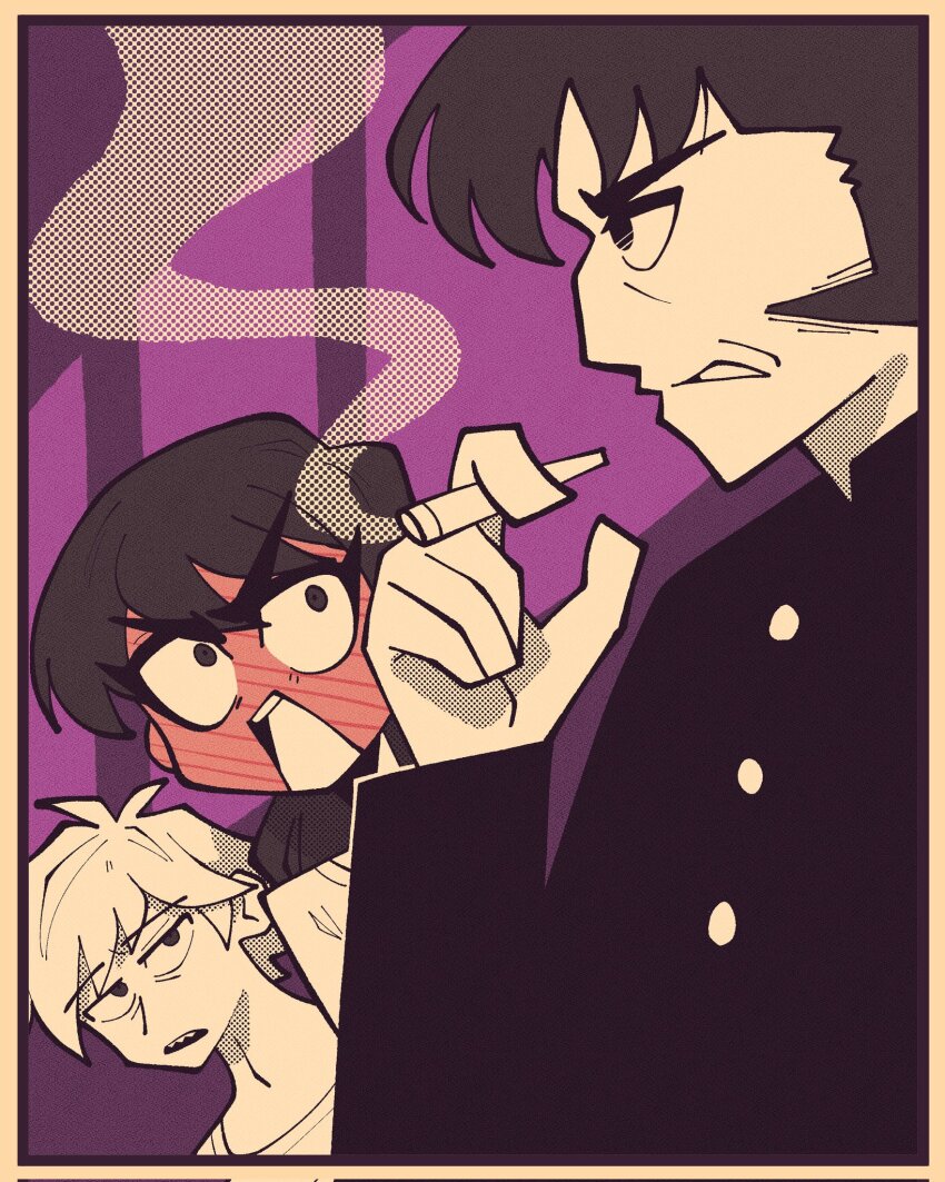 1girl 2boys akaiguarts black_hair blonde_hair blush chainsaw_man denji_(chainsaw_man) full-face_blush highres katana_man_(chainsaw_man) long_hair low_twintails mature_male mitaka_asa multiple_boys open_mouth sharp_teeth shirt short_hair sideburns simple_background smoking teeth twintails white_shirt