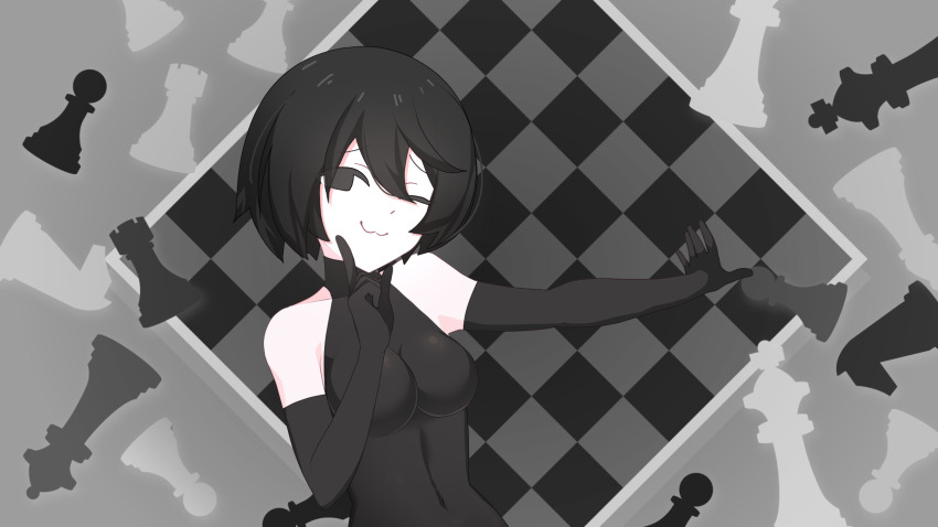 1girl :3 bare_shoulders black_eyes black_gloves black_hair black_leotard bob_cut empty_eyes gloves highres hoshino_ruby_dance leotard long_sleeves looking_at_viewer monogatari_(series) naoetsu_high_school_uniform one_eye_closed oshino_ougi pale_skin school_uniform sleeveless sleeveless_turtleneck smile turtleneck very_long_sleeves
