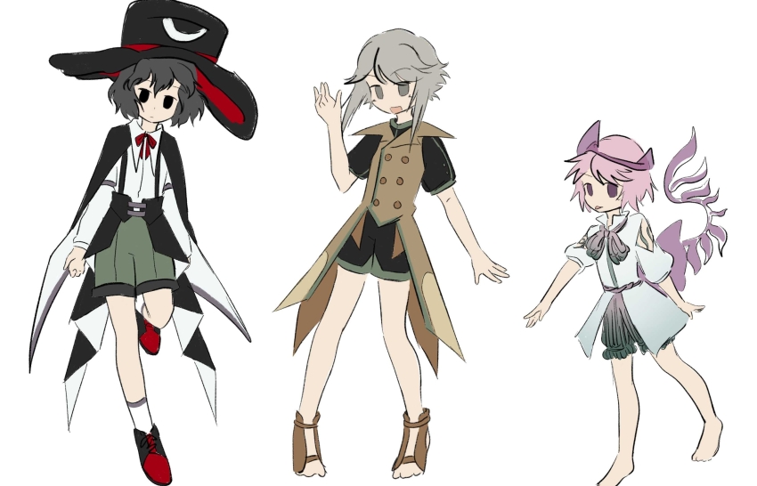 3others adapted_costume androgynous baila_kuangzi barefoot black_cape black_eyes black_hair black_headwear black_shirt black_shoes black_shorts brown_coat brown_sandals buttons cape chinese_commentary closed_mouth coat collared_shirt commentary_request double-breasted enraku_tsubakura foot_up gradient_shorts green_shorts green_trim grey_eyes grey_hair hand_up hat highres houlen_yabusame len&#039;en long_sleeves multiple_others neck_ribbon open_mouth other_focus pink_hair purple_eyes purple_trim red_ribbon red_shoes ribbon sandals shion_(len&#039;en) shirt shoes short_hair short_sleeves shorts simple_background sleeveless sleeveless_coat smile socks tongue tongue_out two-sided_fabric two-sided_headwear white_background white_shirt white_socks