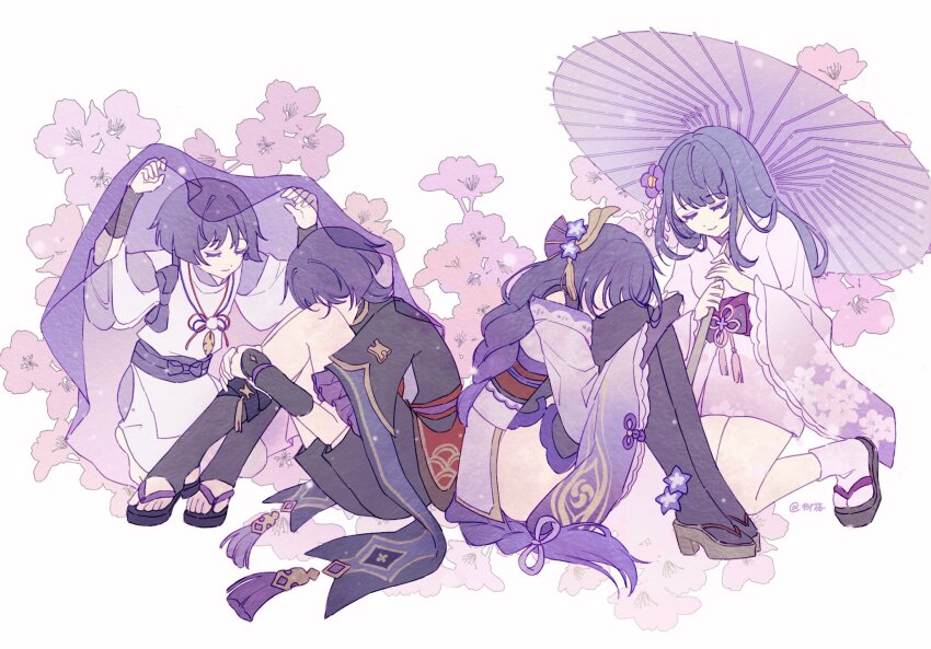 2boys 2girls armor aunt_and_nephew black_bridal_gauntlets black_leggings black_sandals black_shorts black_shrug black_sleeves black_thighhighs blunt_bangs blunt_ends bow bridal_gauntlets brown_sandals cherry_blossoms chinese_knot closed_mouth clothing_cutout dual_persona facing_another fan_hair_ornament feathers fetal_position floral_background floral_print floral_print_kimono flower frilled_sleeves frills genshin_impact gold_trim hair_flower hair_ornament hair_tie hands_on_own_legs hands_up head_on_knees highres hip_vent holding holding_umbrella japanese_armor japanese_clothes kariginu kimono kimono_skirt kneeling kote kurokote layered_sleeves leggings long_hair low-braided_long_hair low-tied_long_hair makoto_(genshin_impact) mitsudomoe_(shape) mother_and_son multiple_boys multiple_girls obi obiage off_shoulder oil-paper_umbrella okobo pelvic_curtain pink_kimono pink_sleeves platform_sandals pom_pom_(clothes) print_kimono purple_bow purple_flower purple_hair purple_sash purple_sleeves purple_umbrella purple_veil raiden_shogun rainbowsugarflower sandals sash scaramouche_(genshin_impact) scaramouche_(kabukimono)_(genshin_impact) see-through_clothes see-through_veil self_hug shorts shoulder_cutout shrug_(clothing) siblings sisters sitting smile socks squatting string swept_bangs tabi tassel tassel_hair_ornament tasuki thighhighs three-quarter_sleeves toes tomoe_(symbol) twins umbrella veil very_long_hair white_background white_sleeves white_socks wide_sleeves yellow_feathers zouri