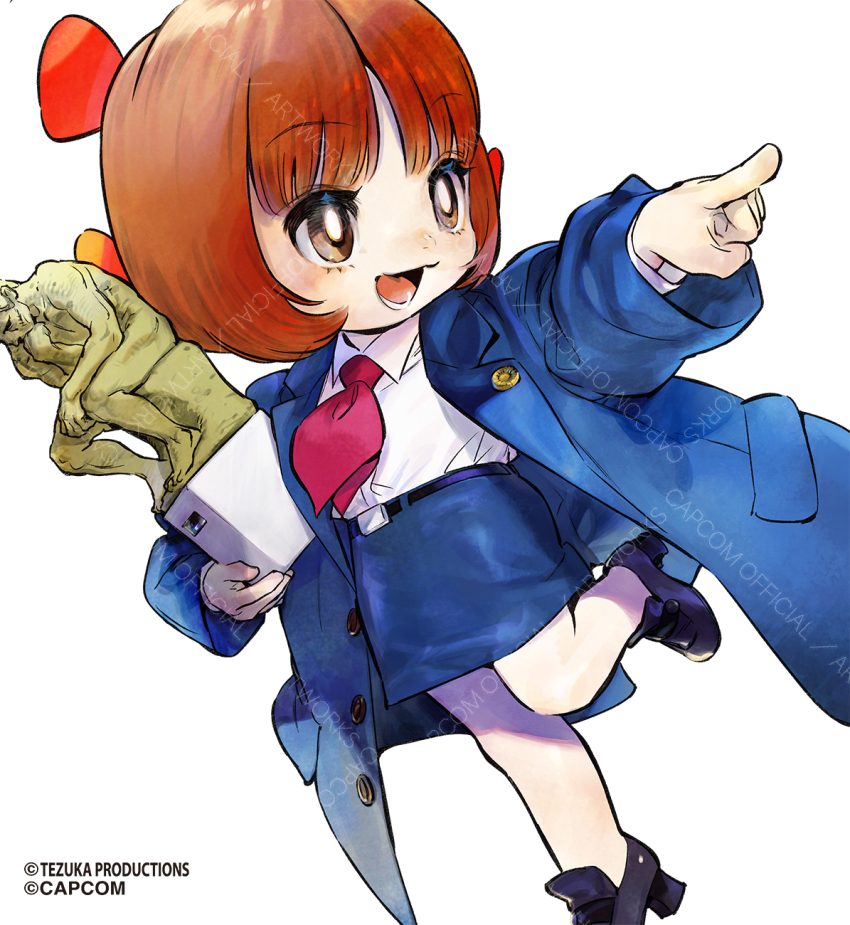 1girl :3 :d ace_attorney belt belt_buckle black_belt black_jack_(series) black_shoes blue_jacket blue_skirt bob_cut bow bright_pupils brown_eyes brown_hair buckle collared_shirt copyright_notice cosplay foot_out_of_frame hair_bow highres holding jacket lapel_pin lapels leg_up long_sleeves looking_ahead multiple_hair_bows necktie notched_lapels official_art official_cosplay open_clothes open_jacket open_mouth oversized_clothes pencil_skirt phoenix_wright phoenix_wright:_ace_attorney phoenix_wright_(cosplay) pinoko pointing red_bow red_necktie sculpture shirt shirt_tucked_in shoes short_hair simple_background skirt smile solo standing standing_on_one_leg the_thinker watermark white_background white_pupils white_shirt wing_collar
