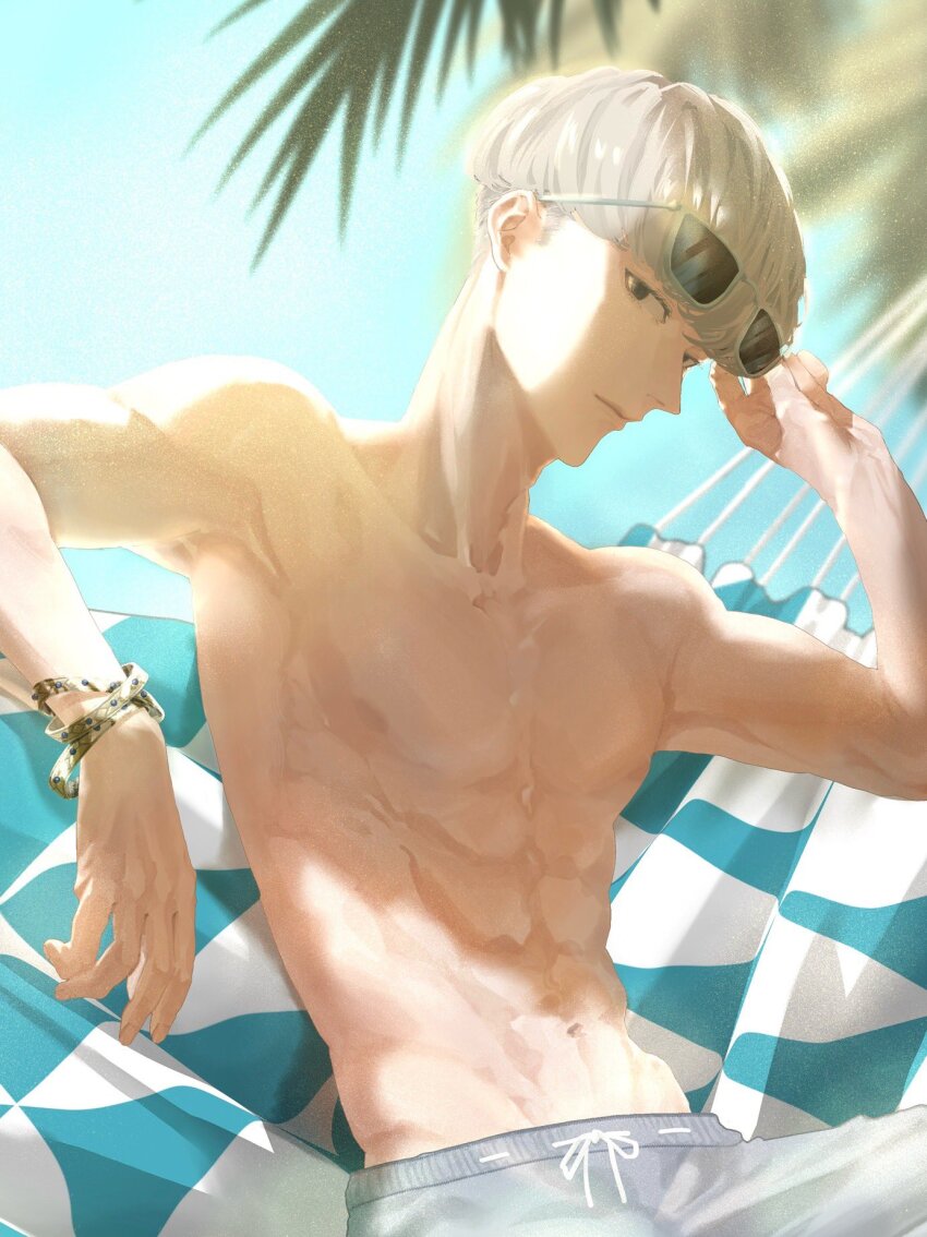 1boy abs black_eyes blue_sky bracelet eieio006 fate/grand_order fate_(series) grey_hair highres jewelry looking_at_viewer male_focus navel outdoors sky solo summer sunglasses sunlight topless_male watanabe_no_tsuna_(fate)