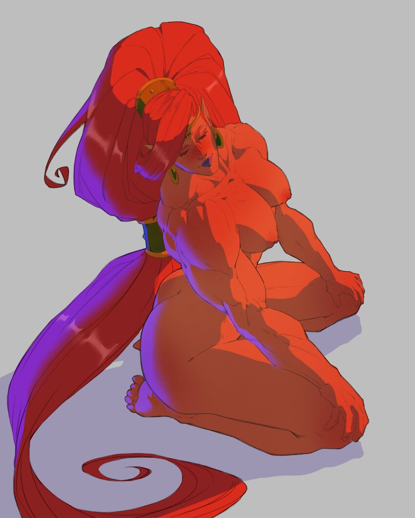 1girl absurdres ass blush breasts caio_santos closed_eyes completely_nude earrings female_focus full_body highres huge_ass jewelry large_breasts lipstick long_hair makeup muscular muscular_female nintendo nude pointy_ears red_hair solo the_legend_of_zelda the_legend_of_zelda:_breath_of_the_wild urbosa very_long_hair
