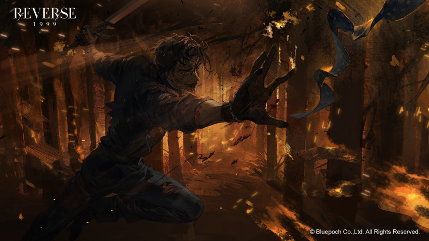 1boy ;o black_gloves black_jacket blood blood_from_mouth blood_on_face blue_eyes blue_neckerchief blue_pants copyright_name copyright_notice cowboy_shot denim dirty dirty_face fire forest from_side gloves highres holding holding_sword holding_weapon j_(reverse:1999) jacket jeans leather leather_jacket leg_up logo male_focus nature neckerchief official_art official_wallpaper one_eye_closed outstretched_arm pants polka_dot_neckerchief reaching reverse:1999 running short_hair solo sword thick_eyebrows tree unworn_neckerchief v-shaped_eyebrows weapon