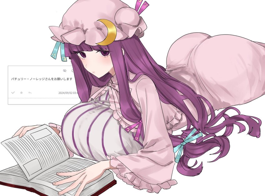1girl ass book breasts crescent crescent_hat_ornament dress eurasia_(wtp09ptw14) hair_spread_out hat hat_ornament highres huge_ass large_breasts lying mob_cap on_stomach patchouli_knowledge purple_eyes purple_hair robe solo striped_clothes striped_dress touhou white_background white_dress