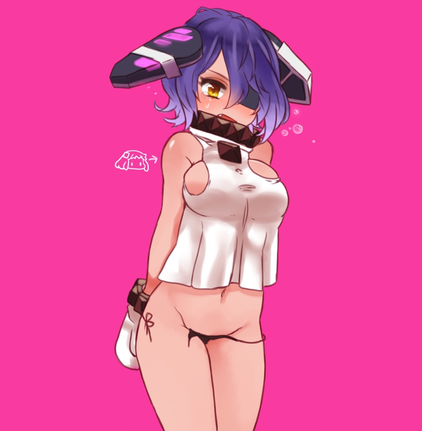 1girl bare_shoulders blue_skirt blush breasts cosplay crying crying_with_eyes_open dress female_focus hair_between_eyes highres kantai_collection kobone long_hair looking_at_viewer medium_breasts navel northern_ocean_hime_(cosplay) northern_ocean_princess open_mouth orange_eyes panties purple_hair short_hair sideboob skirt solo string_panties tears teeth tenryuu_(kancolle) thighs tongue underwear