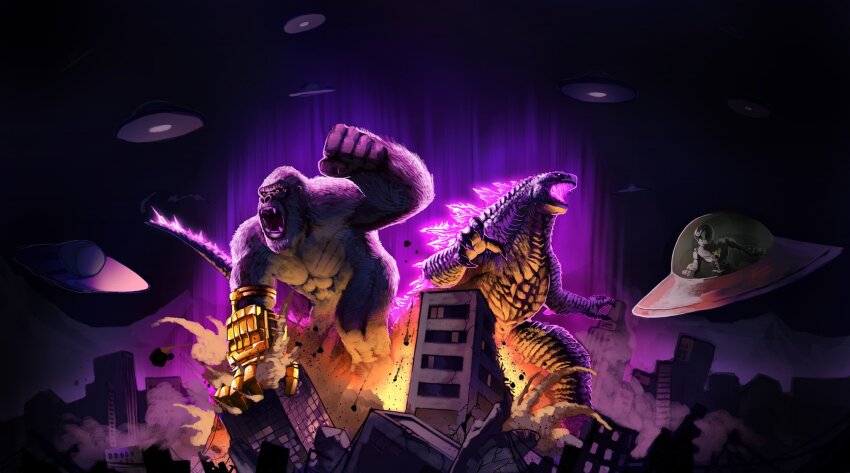 abs alex_alcanter alien ape b.e.a.s.t._glove building city claws crossover destruction dinosaur electroshock_weapon explosion fangs fire flying gauntlets giant giant_monster glowing glowing_eyes glowing_mouth glowing_spikes godzilla godzilla_(monsterverse) godzilla_(series) godzilla_evolved godzilla_x_kong:_the_new_empire gorilla highres kaiju king_kong king_kong_(series) legendary_pictures monster monsterverse multiple_crossover muscular muscular_other night open_mouth pectorals pink_eyes purple_sky roaring sharp_teeth sky skyscraper smoke spacecraft spiked_tail spikes tail teeth thagomizer toho tom_(toonami) tongue toonami ufo weapon yellow_eyes