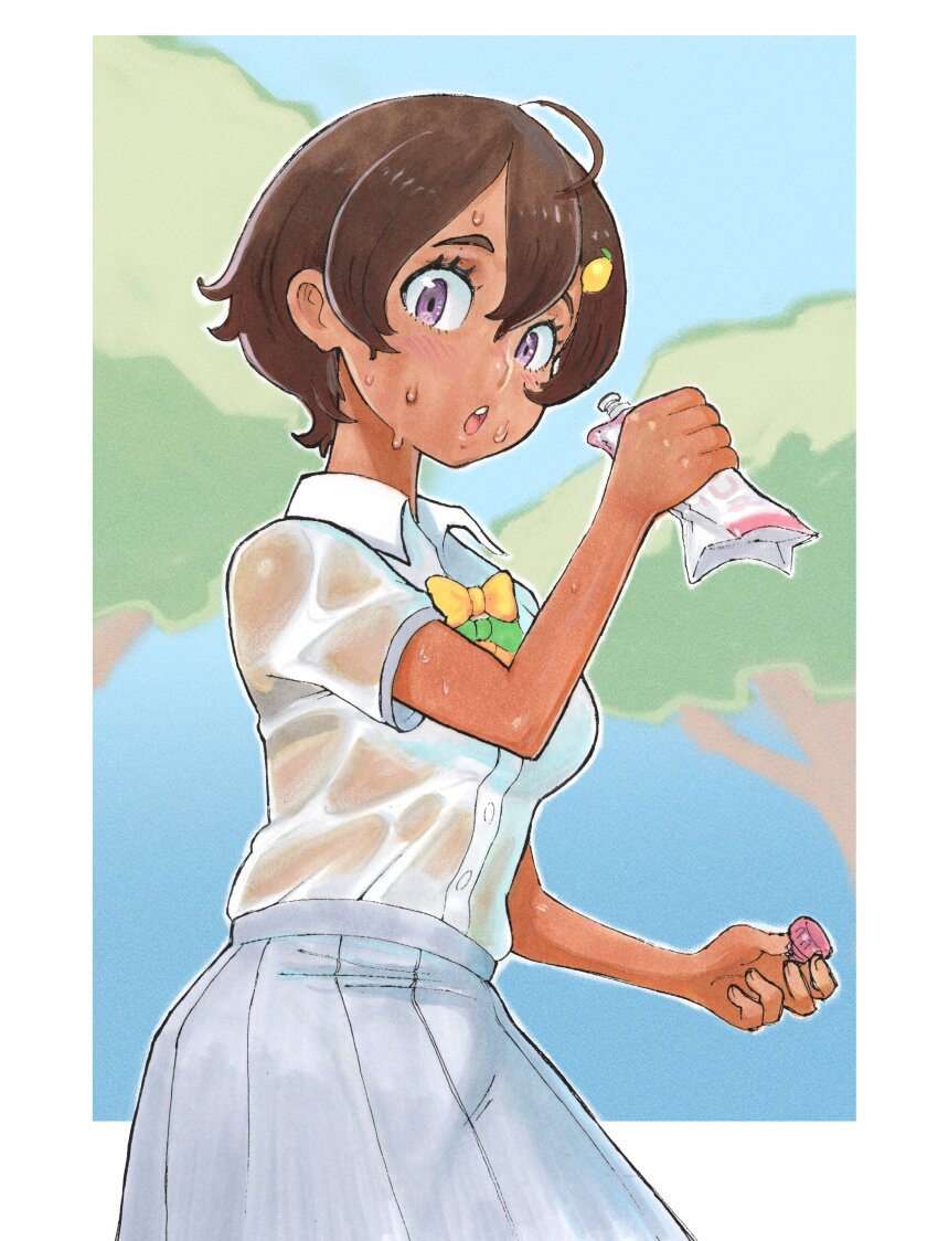 1girl absurdres bra_visible_through_clothes brown_hair dark-skinned_female dark_skin highres looking_at_viewer make_heroine_ga_oo_sugiru! purple_eyes shirt short_hair skirt solo sweat wet wet_clothes wet_shirt white_shirt yakishio_lemon yokadokadon
