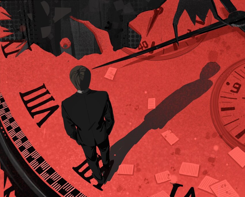 1boy black_jacket black_pants black_shoes brown_hair death_note formal_clothes from_above from_behind highres jacket long_sleeves male_focus oversized_object pants paper red_theme roman_numeral ryuk shadow shoes silhouette solo standing suit vonlight watch yagami_light