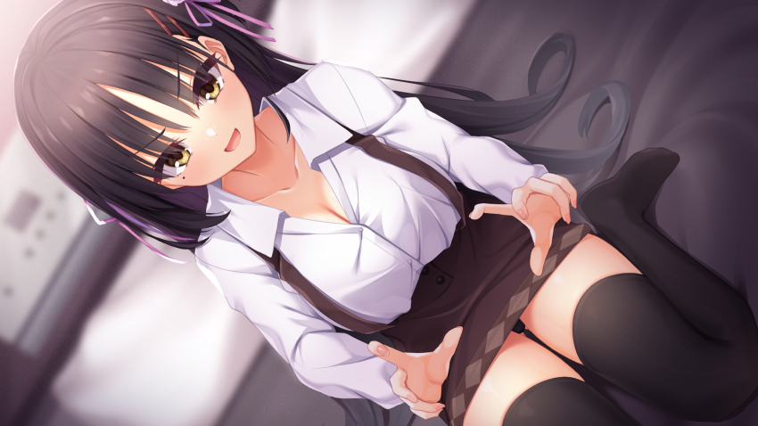 1girl :d aria_(koiiroharemoyou) black_hair black_panties black_thighhighs blurry blurry_background blush breasts brown_skirt cafe_stella_to_shinigami_no_chou cleavage collarbone collared_shirt commentary_request commission dutch_angle eyes_visible_through_hair fingernails flower foot_out_of_frame gluteal_fold hair_between_eyes hair_flower hair_ornament hair_ribbon hairclip high-waist_skirt highres index_fingers_raised indoors large_breasts long_hair long_sleeves looking_at_viewer mole mole_under_eye naughty_face no_shoes on_bed open_mouth paid_reward_available panties parallel_hairclips pencil_skirt pink_ribbon ribbon shiki_natsume shirt sitting skeb_commission skirt smile solo straight_hair suspender_skirt suspenders thigh_gap thighhighs thighs underwear v-shaped_eyebrows very_long_hair wariza white_flower white_shirt yellow_eyes zettai_ryouiki