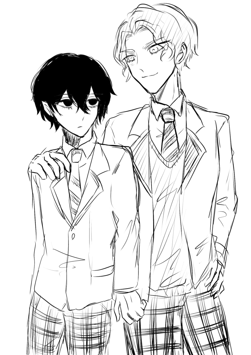2boys alternate_costume beelzebub_(shuumatsu_no_valkyrie) closed_mouth collared_shirt cowboy_shot cropped_legs curly_hair hair_between_eyes hand_on_another&#039;s_shoulder hand_on_own_hip hand_up highres jacket jitome long_sleeves looking_at_another looking_to_the_side male_focus messy_hair monochrome multiple_boys necktie nikola_tesla_(shuumatsu_no_valkyrie) notched_ear pants plaid_clothes plaid_pants pointy_ears school_uniform shirt short_hair shuumatsu_no_valkyrie smile striped_clothes striped_necktie sweater_vest