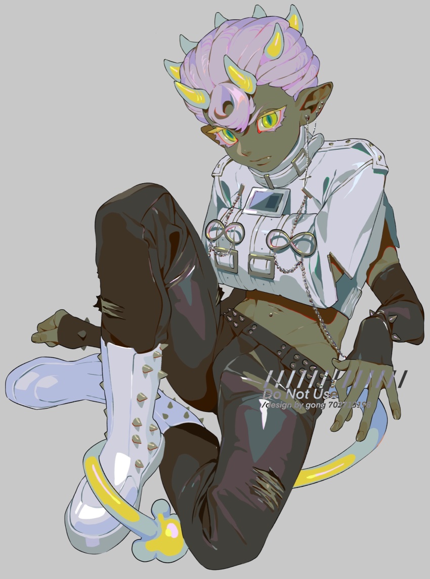 1other black_pants boots closed_mouth colored_skin ear_piercing full_body green_eyes green_skin grey_background highres horns mgong520 original pants piercing pointy_ears short_hair simple_background solo spiked_belt spiked_boots torn_clothes torn_pants white_boots