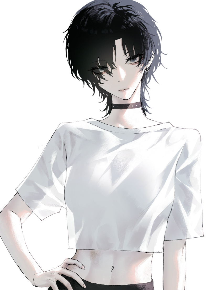 1girl abs absurdres black_choker black_hair blue_eyes choker closed_mouth cross cross_earrings earrings expressionless hand_on_own_hip highres jewelry multicolored_hair multiple_earrings navel original see-through_clothes see-through_shirt shirt short_sleeves simple_background solo tyrezal white_background white_shirt wolf_cut