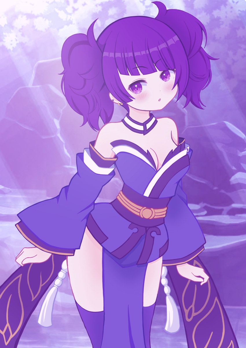 1girl absurdres blue_kimono blue_thighhighs breasts commission cosplay detached_sleeves diagonal_bangs fate/extra fate_(series) highres idolmaster idolmaster_shiny_colors japanese_clothes kimono long_hair looking_at_viewer medium_breasts mikoko1 obi pelvic_curtain purple_eyes purple_hair sash short_kimono skeb_commission solo tamamo_(fate) tamamo_no_mae_(fate/extra) tamamo_no_mae_(fate/extra)_(cosplay) tanaka_mamimi thighhighs twintails