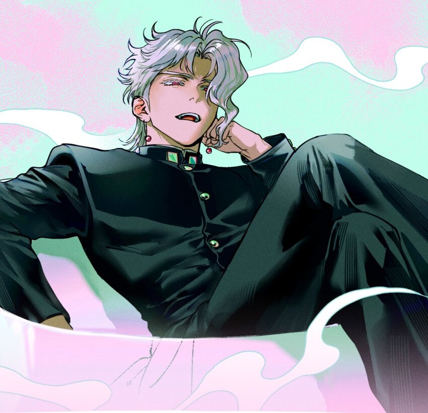 1boy crossed_legs earrings food-themed_earrings green_gakuran green_pants grey_hair hand_on_own_face head_rest high_collar jewelry jojo_no_kimyou_na_bouken kakyoin_noriaki long_bangs male_focus og_man open_mouth pants red_eyes school_uniform sitting smoke solo stardust_crusaders