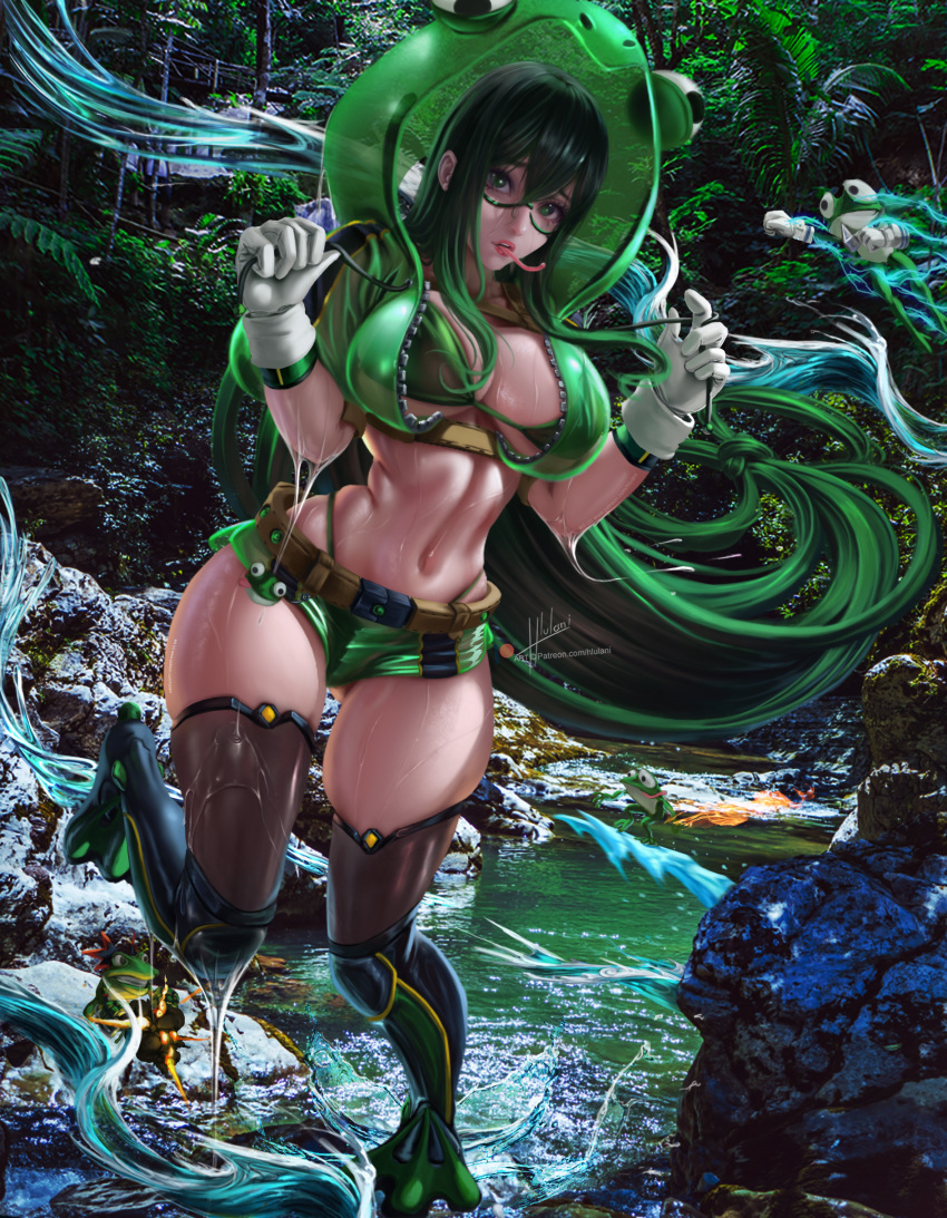 1girl absurdres animal_hood asui_tsuyu belt boku_no_hero_academia boots bra breasts female_focus forest frog frog_girl frog_hood gloves goggles green_bra green_eyes green_hair green_panties green_shorts highres hlulani hood hooded_jacket jacket knee_boots large_breasts lipstick long_hair long_tongue looking_at_viewer makeup midriff navel panties red_lips see-through_clothes see-through_hoodie see-through_shorts shiny_skin short_shorts shorts slime slimy solo swimsuit thick_thighs thighhighs thighs tongue tongue_out underwear water wet wet_clothes white_gloves wide_hips