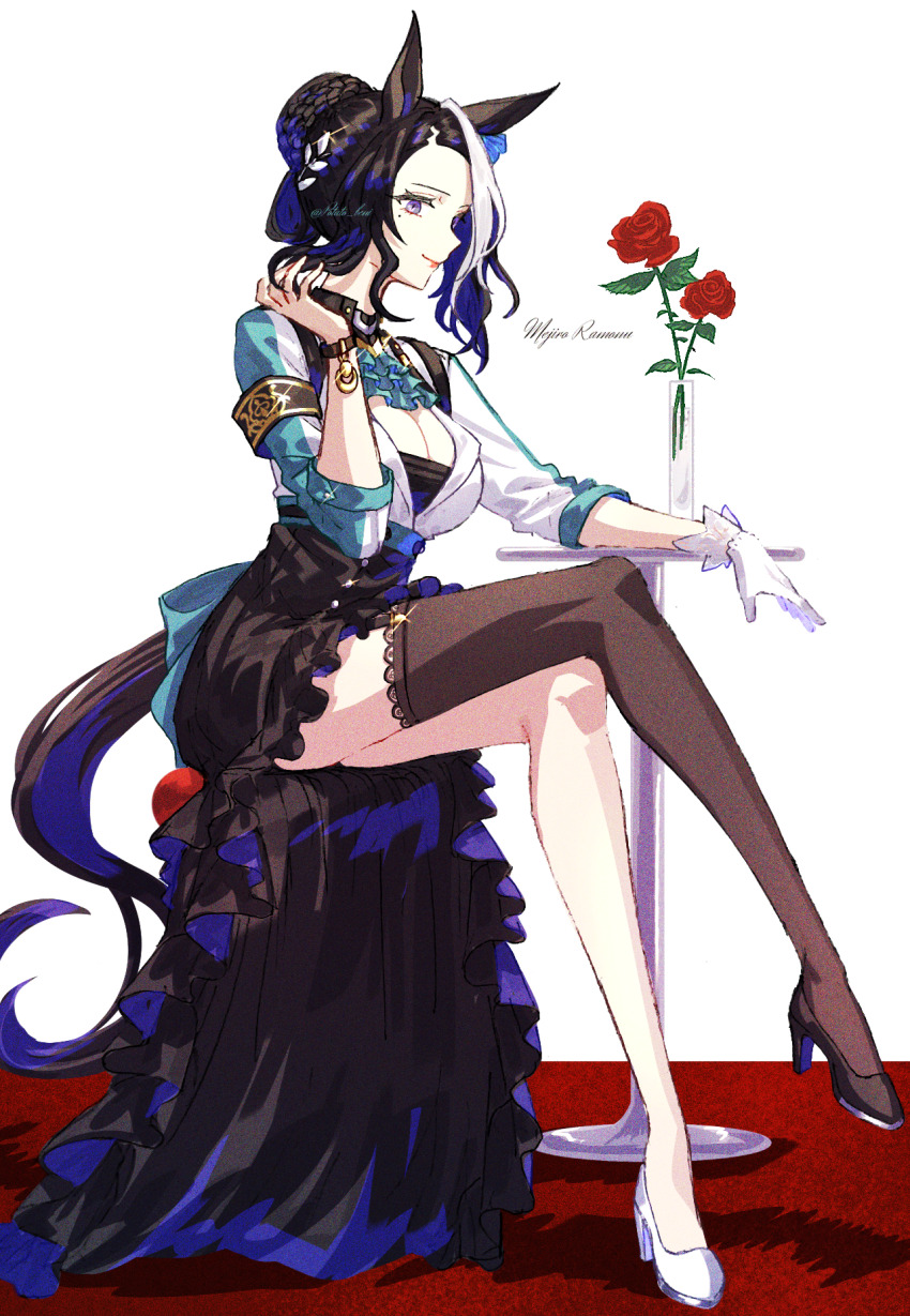 1girl animal_ears asymmetrical_footwear breasts cleavage crossed_legs flower highres horse_ears horse_girl horse_tail jagaimobeniko mejiro_ramonu_(umamusume) mole mole_under_eye purple_eyes red_flower red_rose revision rose single_thighhigh sitting smile solo spiked_hair tail thighhighs umamusume white_background