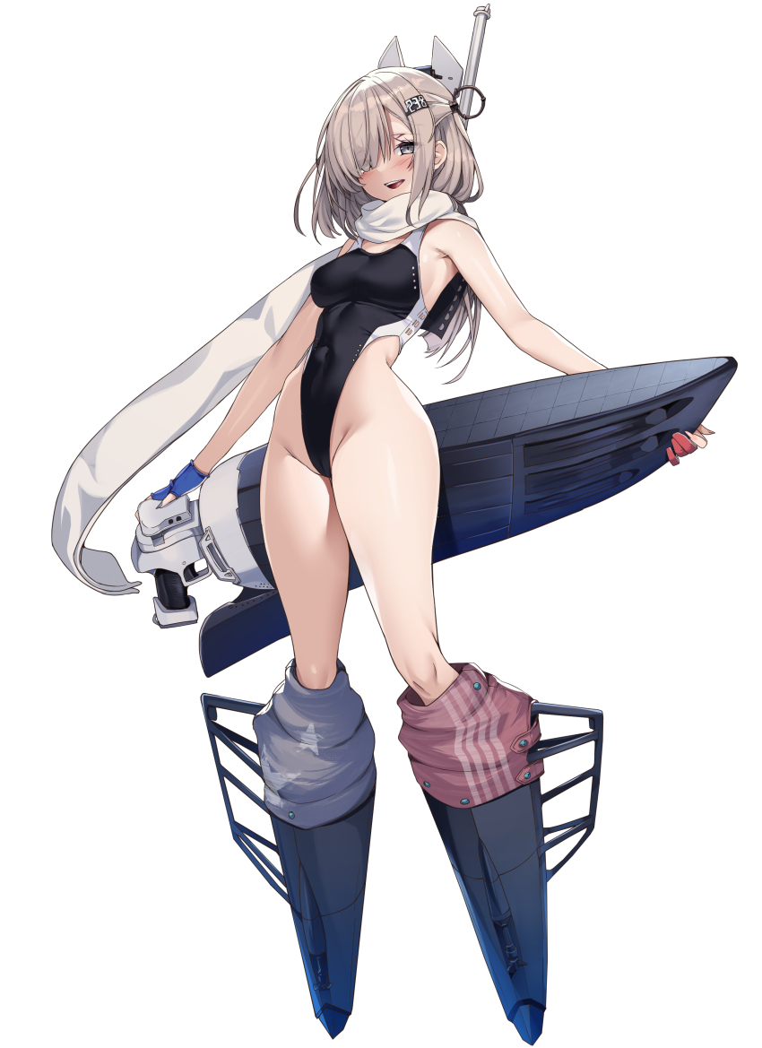 1girl :d absurdres american_flag american_flag_print american_flag_skirt black_one-piece_swimsuit blue_gloves blush breasts brown_hair commentary_request competition_swimsuit covered_navel flag_print full_body gloves grey_eyes hair_ornament hair_over_one_eye headgear highleg highleg_one-piece_swimsuit highres kantai_collection long_hair looking_at_viewer machinery medium_breasts medium_hair oerlikon_20mm_gun one-piece_swimsuit open_mouth print_skirt red_gloves scarf simple_background skirt smile smug solo standing swimsuit teeth thighs torisan torpedo_launcher two-tone_one-piece_swimsuit upper_teeth_only wahoo_(kancolle) white_background white_scarf