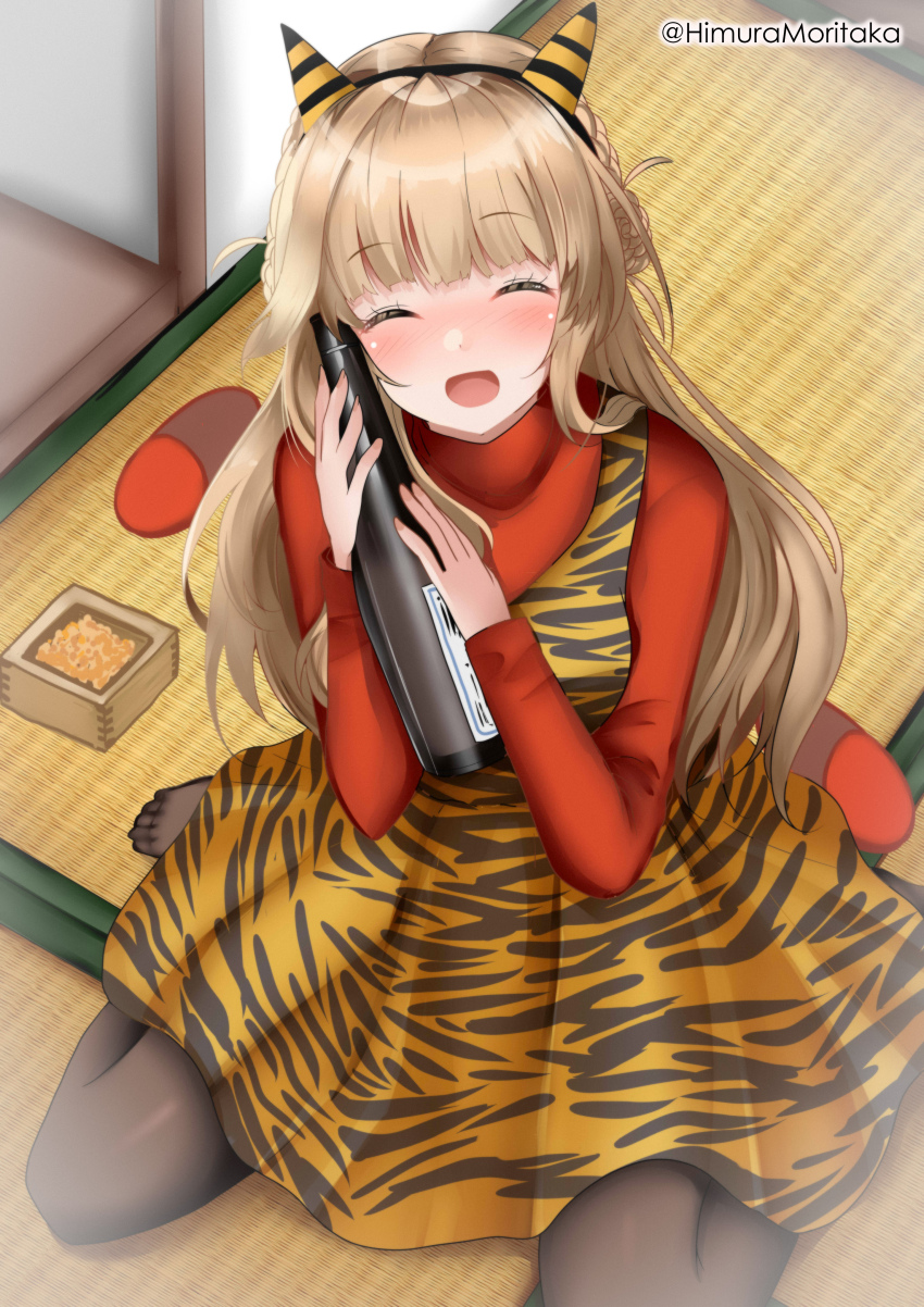 1girl absurdres beans black_pantyhose blush bottle closed_eyes dress drunk facing_viewer fake_horns highres himura_moritaka holding holding_bottle horns kantai_collection light_brown_hair long_hair long_sleeves masu official_alternate_costume oni_horns open_mouth pantyhose pinafore_dress ranger_(kancolle) red_shirt setsubun shirt sitting sleeveless_dress smile solo tatami twitter_username wariza yellow_dress