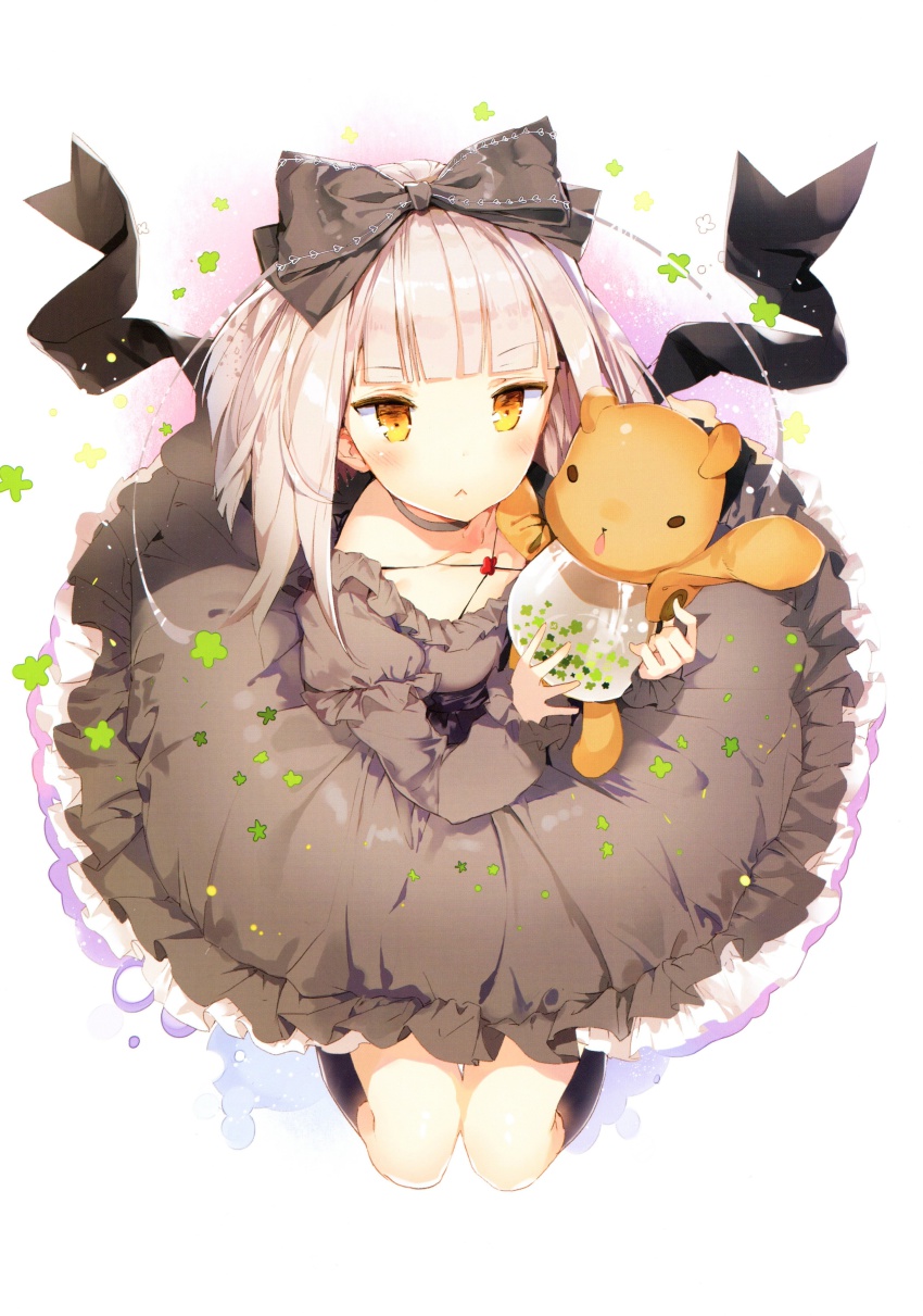 10s 1girl :&lt; absurdres akari_(fantasista_doll) anmi blonde_hair blush bow brown_dress dress fantasista_doll female_focus frown full_body hair_bow highres long_sleeves orange_eyes scan solo stuffed_animal stuffed_toy teddy_bear white_background