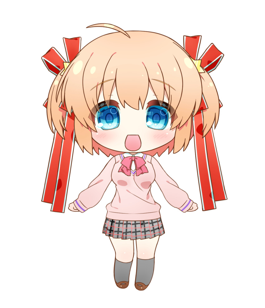 1girl :d ahoge arms_at_sides black_socks blonde_hair blue_eyes blush chibi commentary eyes_visible_through_hair grey_skirt hair_between_eyes hair_ornament hair_ribbon highres kamikita_komari kneehighs little_busters! little_busters!_school_uniform long_ribbon long_sleeves looking_at_viewer miniskirt natsuoto_rito open_mouth plaid_clothes plaid_skirt pleated_skirt red_ribbon ribbon school_uniform short_hair simple_background skirt sleeves_past_wrists smile socks solo star_(symbol) star_hair_ornament straight-on sweater two_side_up white_background yellow_sweater