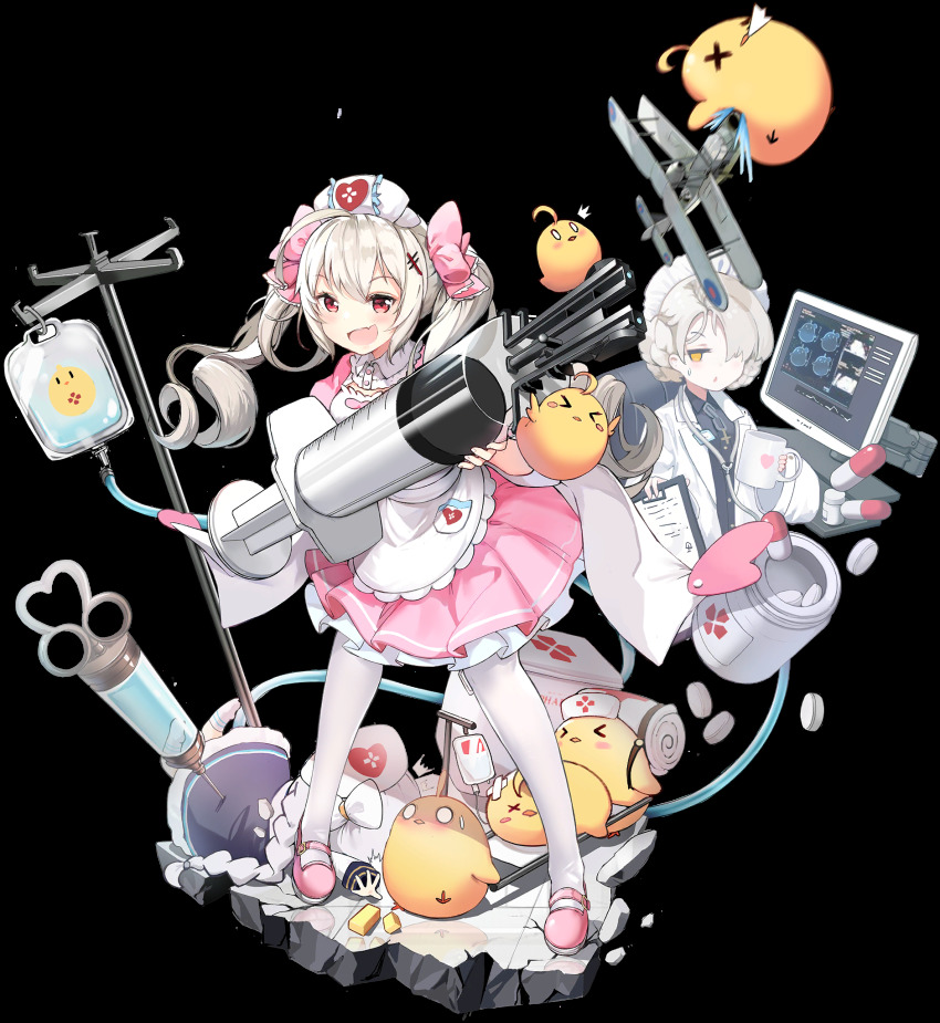 2girls :d ahoge aircraft alisa_(kuro_no_sakura) apron azur_lane baby_animal bird chick dress fang hair_over_one_eye hat highres holding intravenous_drip jar large_syringe long_hair looking_at_viewer maid_apron manjuu_(azur_lane) mary_janes monitor multiple_girls nurse nurse_cap official_alternate_costume official_art open_mouth oversized_object pantyhose pill pink_dress pink_shoes red_eyes shoes short_hair silver_hair smile syringe transparent_background twintails valiant_(azur_lane) valiant_(mischievous_little_nurse)_(azur_lane) white_legwear wing_collar yellow_eyes