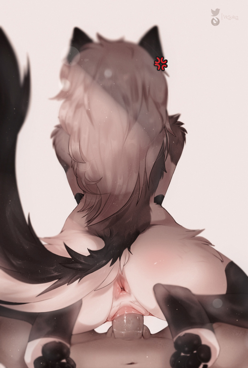 1boy 1girl absurdres anger_vein animal_ears animal_feet annoyed anus artist_name ass black_thighhighs blurry body_fur bokeh depth_of_field erection feet furry furry_female furry_with_non-furry girl_on_top grey_fur grey_hair hellaverse helluva_boss hetero highres interspecies leaning_forward light_particles long_hair loona_(helluva_boss) lying mature_female navel nude on_back pawpads penis pov puckered_anus pussy pussy_juice sex simple_background sitting sitting_on_person solo_focus spread_legs subscribestar_logo subscribestar_username tail testicles thighhighs toeless_legwear twitter_logo twitter_username two-tone_fur uncensored vaginal vksuika watermark white_background white_fur wolf_ears wolf_girl wolf_tail